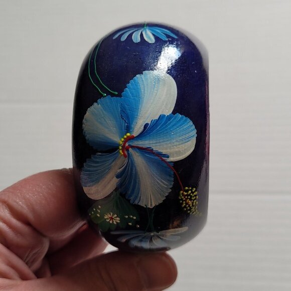 Blue flower bracelet wood cuff Hawaiian hand painted boho floral jewelry beach - Picture 1 of 10